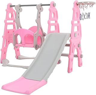 Baby Swing Slide, 4-in-1 Toddler Slide and Swing Set with Basketball Hoop, Garden Climbing Frame, Outdoor Indoor Large Slide Swing for Toddlers Age 1-3, Kids Gift (Pink)