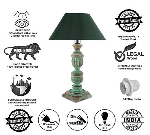 Image of Homesake Handcrafted Wooden Table Lamp for Living Room & Bedroom | Bedside Rustic Algae French Table Lamp with Fabric Shade | Included Bulb | Decorative Wooden Night Lamp for Home Decor, Green