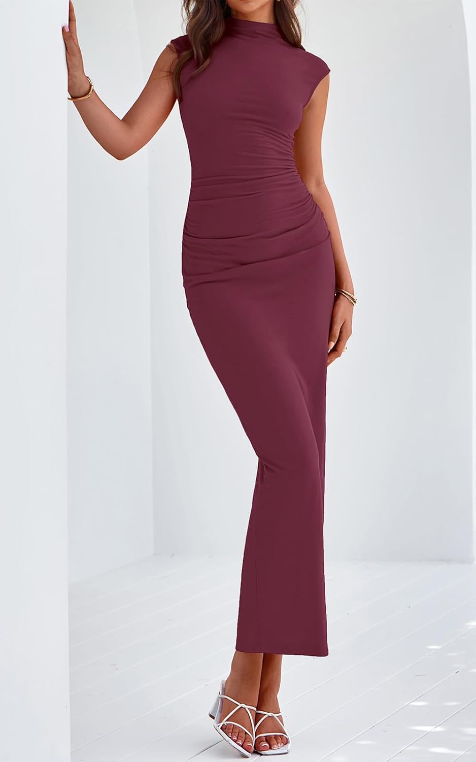 PRETTYGARDEN Women's Summer Maxi Dress Ruched Bodycon Sleeveless Formal Wedding Guest Elegant Cocktail Party Slit Dresses - Image 2