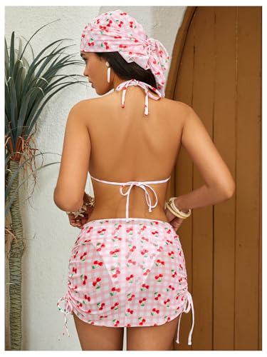 Image of RoseSeek Women's 4 Piece Polka Dots Bathing Suits Cover Up Skirt & Bandana