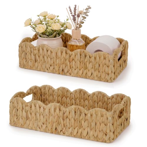 efluky Toilet Paper Basket, Scalloped Basket 2-Pack, Bathroom Decor Back of Toilet Basket, Wicker Natural Water Hyacinth Bathroom Basket for Organizing Countertop,Shelves,Bedroom