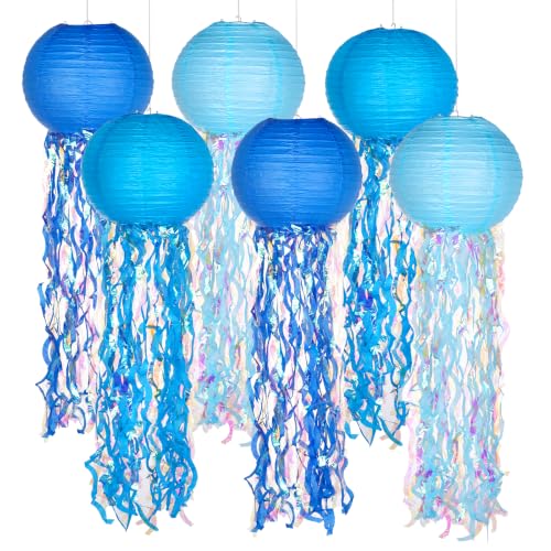 Image of Set of 6 Hanging Jellyfish Paper Lanterns Blue Jellyfish Decor for The Sea Ocean Party, Mermaid Birthday Decoration, Baby Shower, Nautical Events (Glitter Blue)