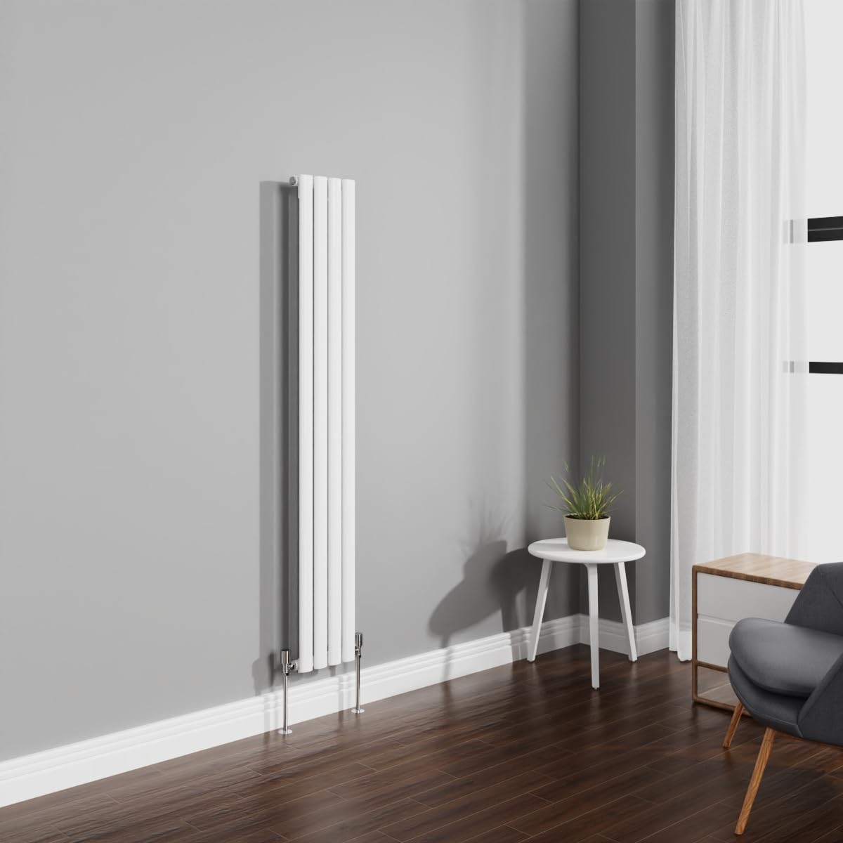 NRG 1600x236mm Gloss White Radiator Vertical Oval Panel Bathroom Designer Single Rad Central Heating