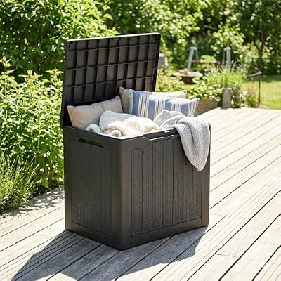 30 Gallon Deck Box, Outdoor Storage Box Lockable Waterproof Resin, Indoor Outdoor Storage Container for Patio Cushions, Garden Tools, Pool Accessories, Package Delivery Boxes for Outside