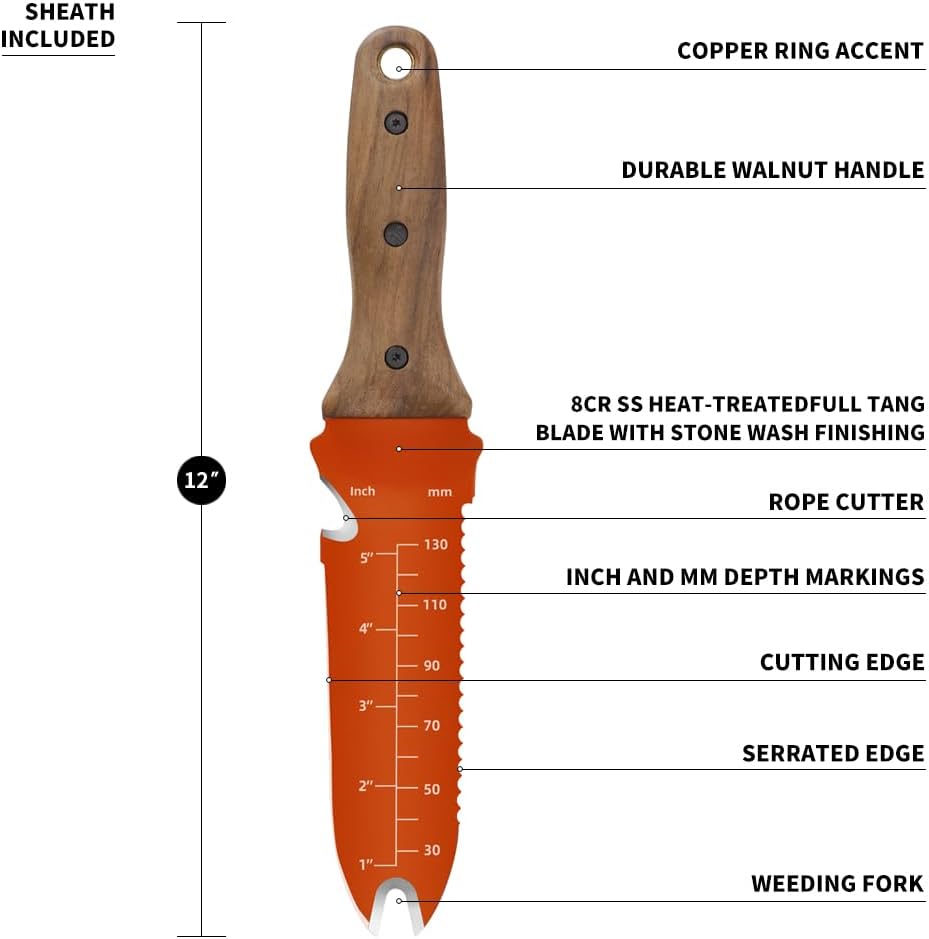 Hori Hori Garden Knife Orange Garden Multitool with Sheath for Weeding,Planting,Digging Stainless Steel Blade with Cutting Edge, Full-Tang Walnut Wood Handle with Hanging Hole