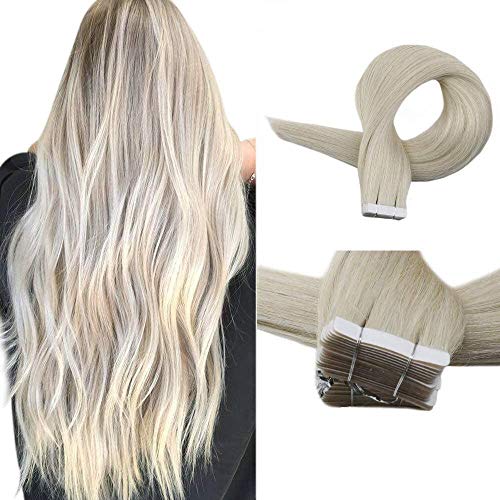 Fshine Tape In Hair Extensions 18 Inch Straight Real Human Hair Color 1000 Icy White Blonde Double Sided With Velvet Brazilian Remy Hair Grade 7A Seamless PU Glue On Extensions 20 Pieces 50 Grams