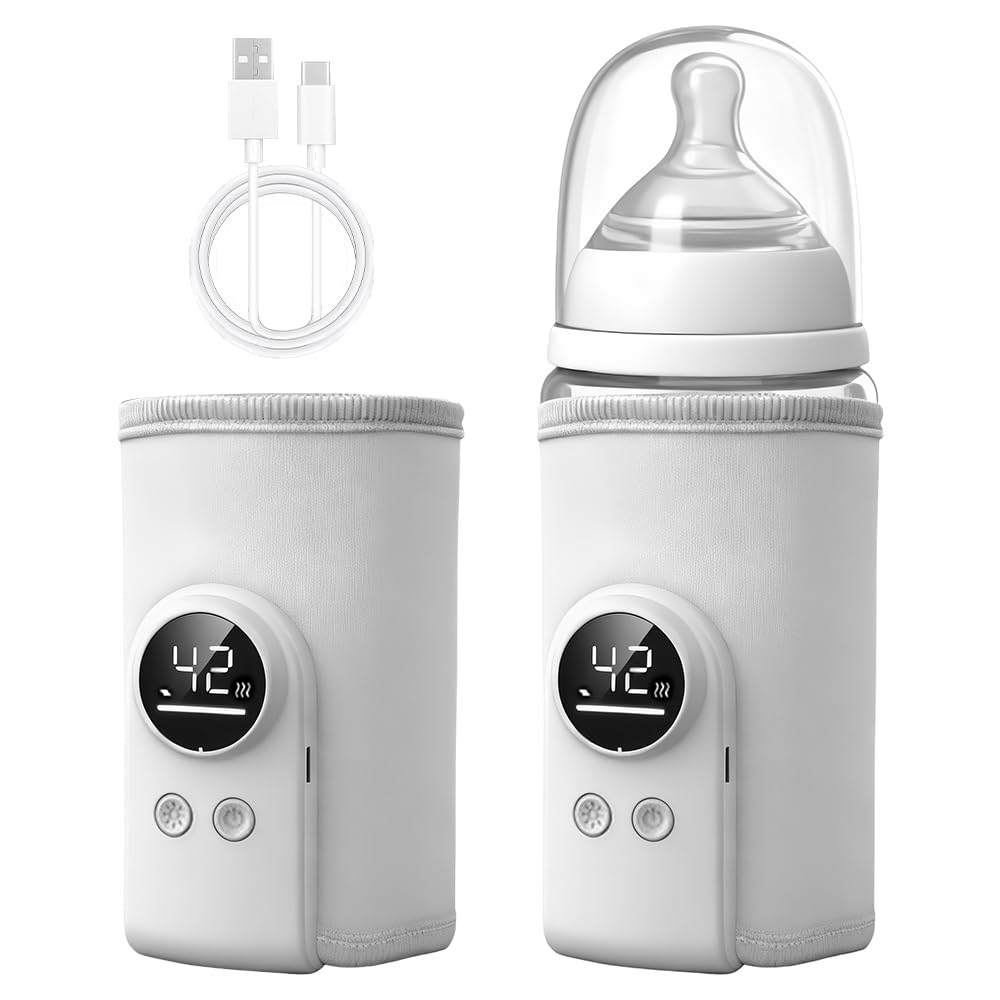 Chauffe-biberon portable pour bébé, plug-in, chauffe-biberon portable pour bébé en déplacement, 6 températures réglables 38-50 °C, chauffe-biberon avec écran LCD, blanc
