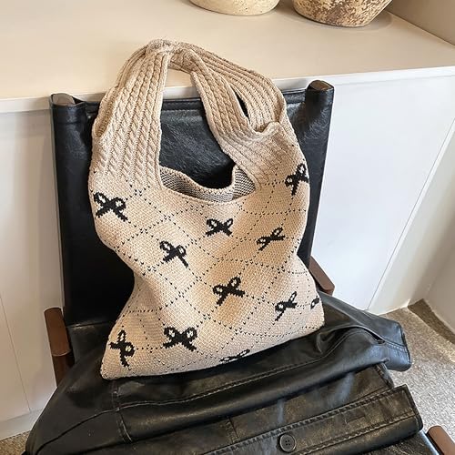 Image of JeVenis Black Crochet Tote Coquette Bow Aesthetic Hobo Bag for Women Beach Mesh Knitted Shoulder Bag Boho Shoulder Handbag