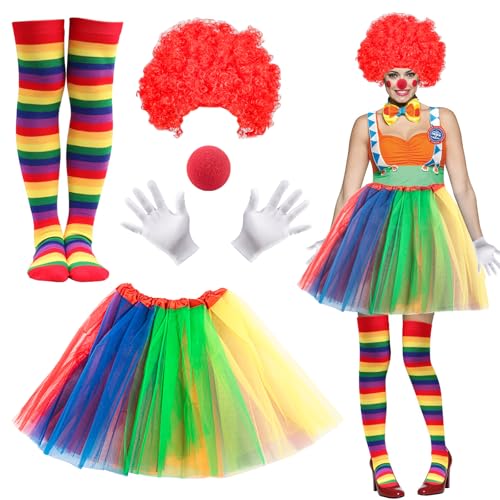 Aurihxus Clown Kostüm Set 5-Teiliges Zirkus Regenbogen Kostüm Zubehör mit Regenbogen Tutu Rock Perücke Nase Handschuhen und Bunter Gestreiften Socken