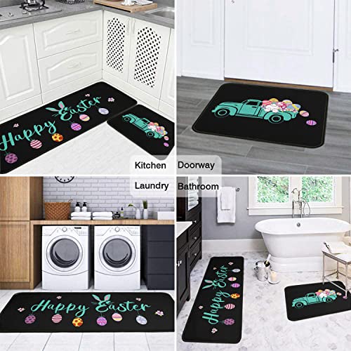 Xsinufn Happy Easter Kitchen Rugs Set 2 Piece,Easter Eggs Bunny Decorative Rugs For Kitchen,Easter Spring Flowers Rabbit Low-Profile Floor Mats Decorations For Home Kitchen (17.7X47.2+17.7X23.6 Black) #TOP5