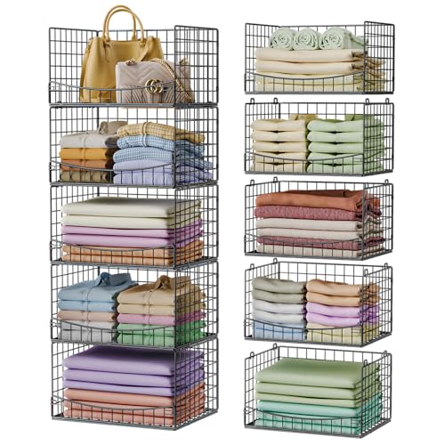 JKsmart 5-Tier Stackable Closet Organizers and Storage Shelves,Extend Clothing Closet Shelf Bins for Jeans Pants Sweaters - Wardrobe Cupboard Clothes Organizer System-Wider Mouth Design