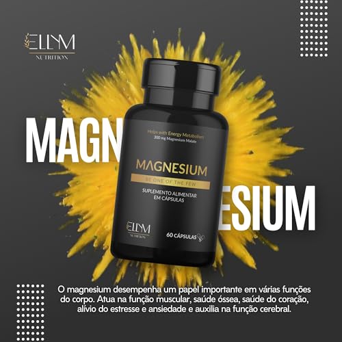 Magnesio Dimalato 300mg Puro ELLYM NUTRITION 60 Cápsulas Formação de Ossos Metabolismo Energético Ma
