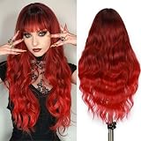 Fancy Hair Red Wig with Bangs Long Ombre Wigs with Dark Roots Heat Resistant Glamorous Synthetic Wavy Curly Hair for Women Cosplay 26 Inches (Black and Red)
