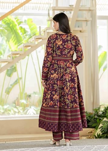 Image of Pistaa's Women's Pure Cotton Anarkali Floral Printed Kurta with Palazzo & Dupatta Set