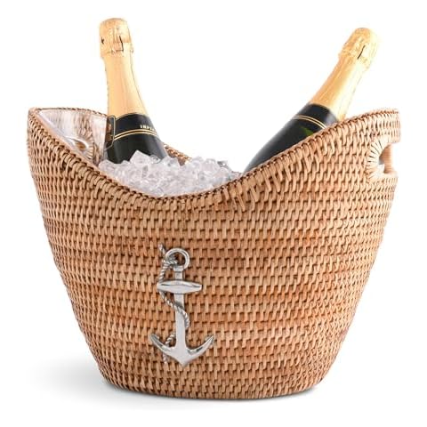 Vagabond House Beach Essentials - Cooler, Handwoven Rattan Wicker Champagne Bucket with Pewter Anchor Accent, Boho Bucket, Beach Home, Coastal Decor, Lightweight Holds Multi Wine Bottles Beer Soda Cover
