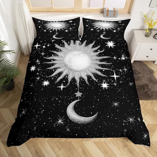 Juego de funda de edredón de sol y luna, tamaño doble, estampado de estrellas y cielo estrellado, juego de cama para niños y niñas, funda de edredón bohemia suave y transpirable (1 funda de edredón +