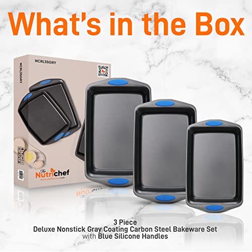 Nutrichef 3-Piece Baking Pan Set - Pfoa, Pfos, Ptfe Free Flexible Nonstick Gray Coating Carbon Steel Bakeware - Professional Home Kitchen Bake Cookie Sheet Stackable Tray W/Blue Silicone Handles #TOP7