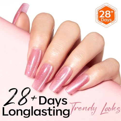 Image of modelones Pink Cat Eye Gel Nail Polish Light Pink 9D Cateye with Magnet Shimmer Glitter Gel Polish Soak Off Reflective Translucent Jelly Gel Nail Polish 15 ML
