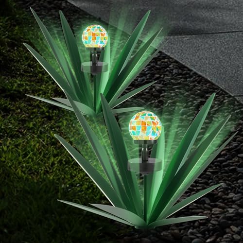 Image of TOMBABY Enlarge Metal Plants Tequila Rustic Sculpture, Outdoor Patio Yard, Home Decor Hand Painted Agave Garden Statue, Outdoor Lawn Ornaments Yard Stakes for Mom Gift (2 Solar Green)
