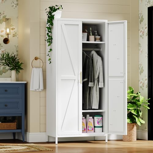 Image of SUPEER Metal Wardrobe Closet for Bedroom, 2 Doors Armoire Cabinet with Shelves and Hanging Rod, Metal Clothes Storage Cabinet, 70.9 inch H x 31.5 inch W x 17.7 inch D, White