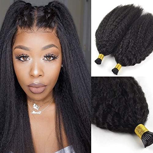 Brazilian Kinky Straight I Tip Human Hair Extension Coarse Yaki Pre Bonded Fusion Stick I Tip Hair Extensions Brazilian Human Hair 100g/100strands (10inch 100strands, #1(Jet Black))