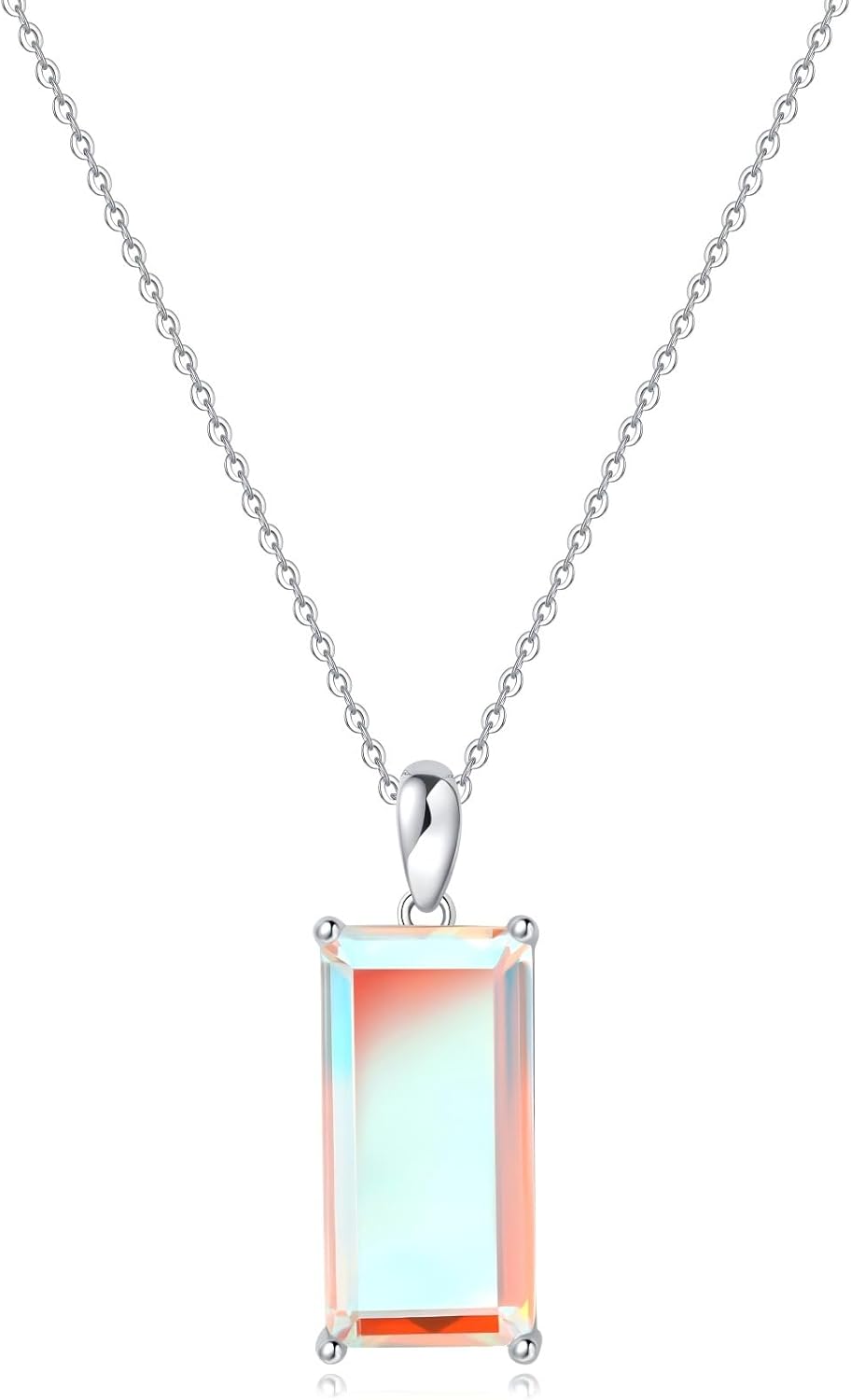 EVERLEAD Healing and Romantic Rainbow Moonstone Necklace for Women - Big Authentic Moonstone - Premium Sterling Silver Chain & Diamond Cutting - Light Luxury Gift for Women.