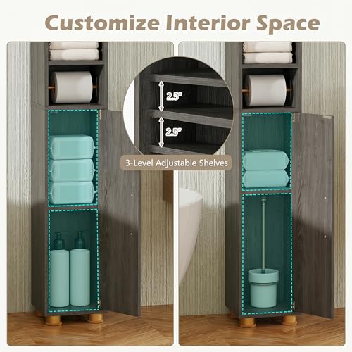 Image of Tangkula Narrow Bathroom Cabinet, 69.5 inch Tall Storage with 2 Doors & Adjustable Shelves, Toilet Paper Rod & Side Hook, Anti-toppling Design, Slim Floor Cabinet for Small Spaces (Gray, 1 Pack)