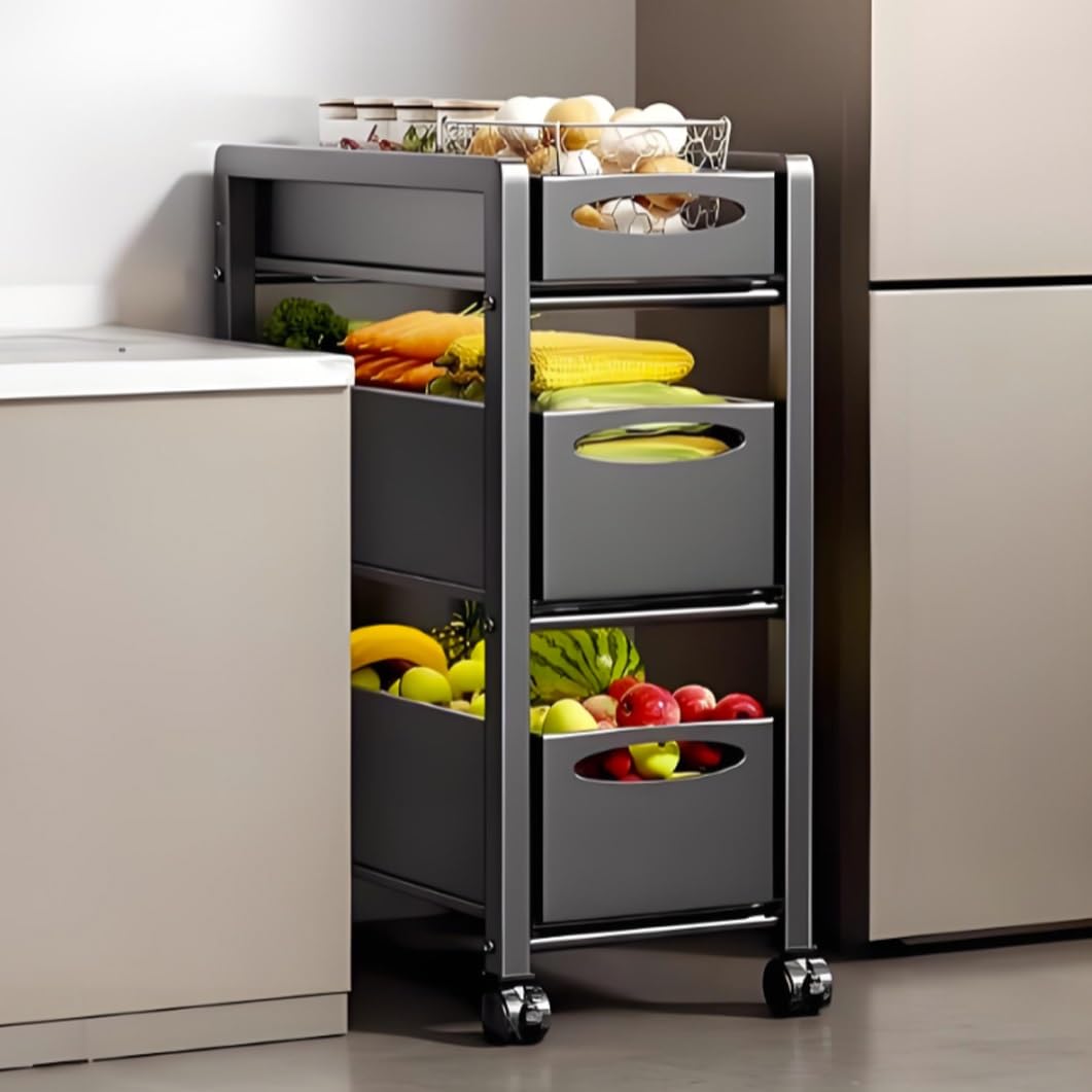 YVYKFZD Fruit Basket Kitchen Cart, Metal Slim Storage Cart, Rolling Utility Carts with Drawer and Wheels, Narrow Storage Cabinet, Space Saving Bathroom Organizer(Black,3 Tier 10.6"x15.3"x29.5")