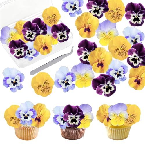 Essbare Blumen für Torte,50 Stück Tortendeko Essbare Blüten Kuchen Deko + Pinzette, Esspapier Blumen Cupcake Toppers für Fondant Muffin Geburtstag Hochzeit Baby Dusche Party Dekoration