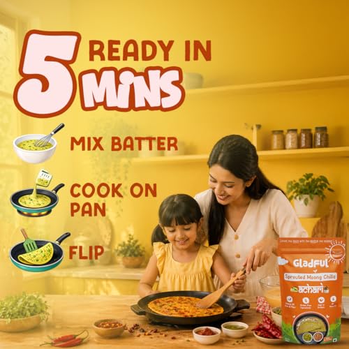 Image of Gladful Achari Chilla Mix - Low GI, Diabetes-Friendly & Gluten-Free - No Maida, Palm Oil & Trans-Fat - Vegan & High-Protein Chilla /Dosa Mix - Anytime Snack for Kids & Family - Pack of 1 (200g)