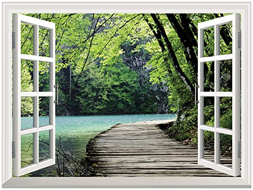 wall26 Modern White Window Looking Out Into a Bridge by a Lake Surrounded by Trees - Wall Mural, Removable Sticker, Home Decor - 24x32 inches