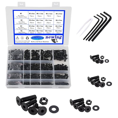 Image of newlng M2 M3 M4 M5 Screws Assortment Kit 1065pcs Bolts and Nuts Washers Sets 10.9 Carbon Steel Metric Black Flat Head Socket Head Countersunk Head Machine Screw Bolt with Spanner for Home Industrial