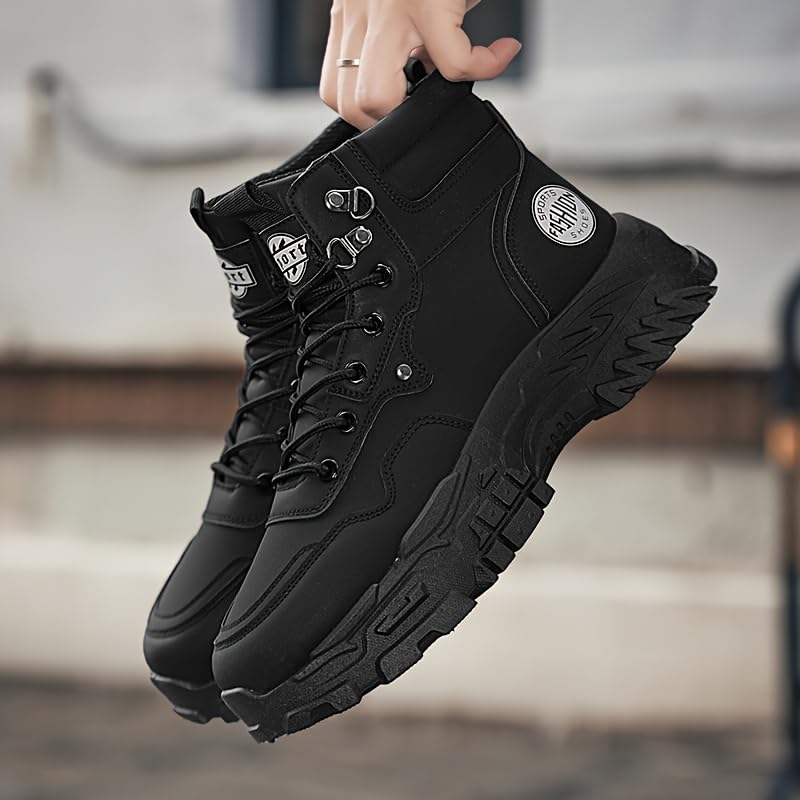 High-Top PU Leather Hiking Boots Men's Style, Street Sports Black Motorcycle Work Boots, Casual Round Toe Lace-Up Shoes, Universal Fit for Spring/Fall, All-Season2