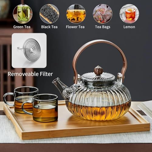 Image of Premium Glass Teapot 1000ml for Loose Leaf Tea - Heat Resistant Borosilicate Kettle with Wooden Handle, Removable Filter & Drip-Free Spout, Ideal for Green, Black Tea