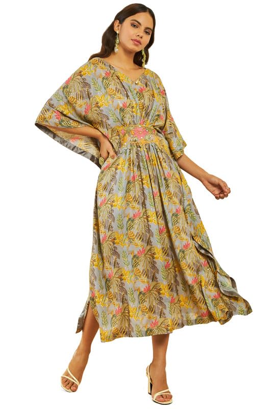 soch Womens Dark Grey Muslin Floral Foil Print V-Neck Kaftan-picture-17