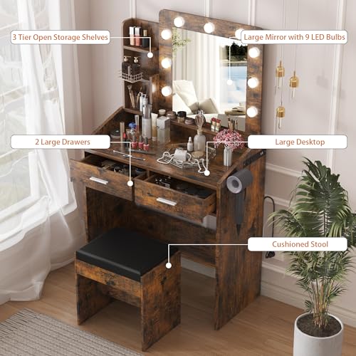 Garveehome Vanity Desk with Mirror and Lights, Makeup Vanity with Power Outlet & Cushioned Stool, 3 Lighting Modes Adjustable Brightness, Dressing Table with Hairdryer Holder for Bedroom, Rustic Brown