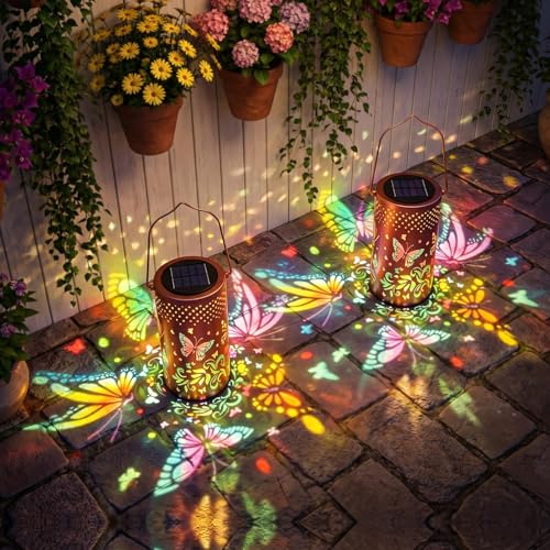 Lanterne solaire jardin lot de 2 étanche éclairage extérieur effet tournesol papillon coloré
