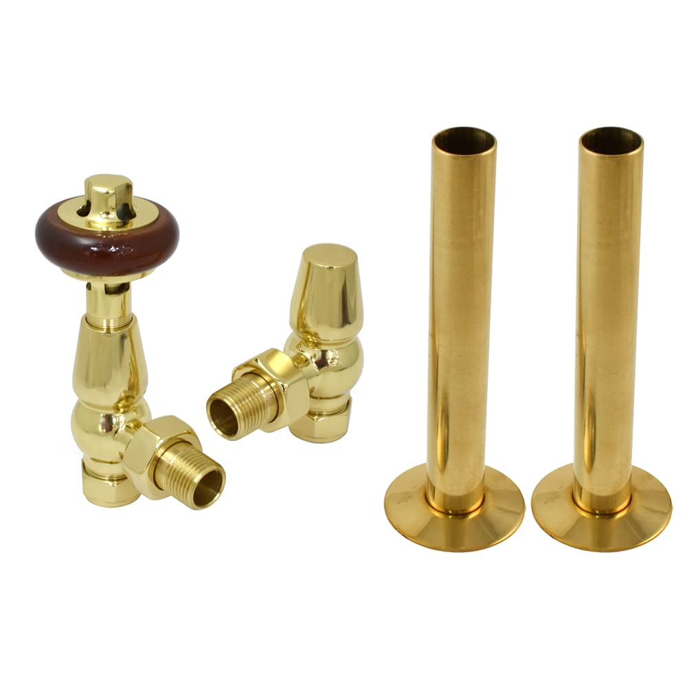 Nrg Polished Brass-1 Traditional Angled Radiator Valve 15Mm Thermostatic Lockshield Valves (Polished Brass With 180Mm Pipe)