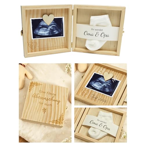 EcoUtens Schwangerschaft verkünden Geschenkset für Oma & Opa Holzbox aus Kiefernholz mit Babysocken Du wirst Oma & Opa Geschenk Liebevolle Baby Verkündung für werdende Großeltern