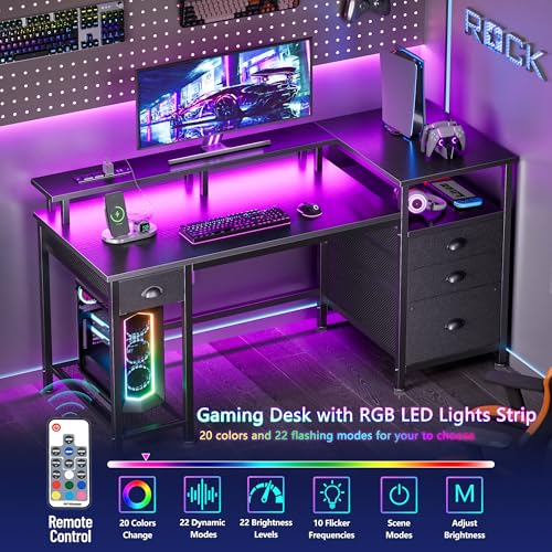Image of Furologee 52 inch Gaming Desk with 4 Drawers & LED Lights, Power Outlet, Black