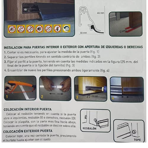 Tira aislante con labio de CAUCHO .Burlete bajo puerta basculante de aluminio 93cm (Marrón) aislante de labio de caucho flexible, Instalación interior y exterior mediante tornillos a la placa base.