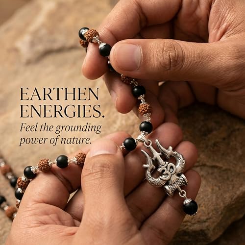 Image of Gratify Original Rudraksha & Karungali Mala 8mm 54 Beads with Shiva Trishul OM Pendant | Authentic Ebony Wood Spiritual Necklace for Protection, Meditation, Focus & Positive Energy | Unisex