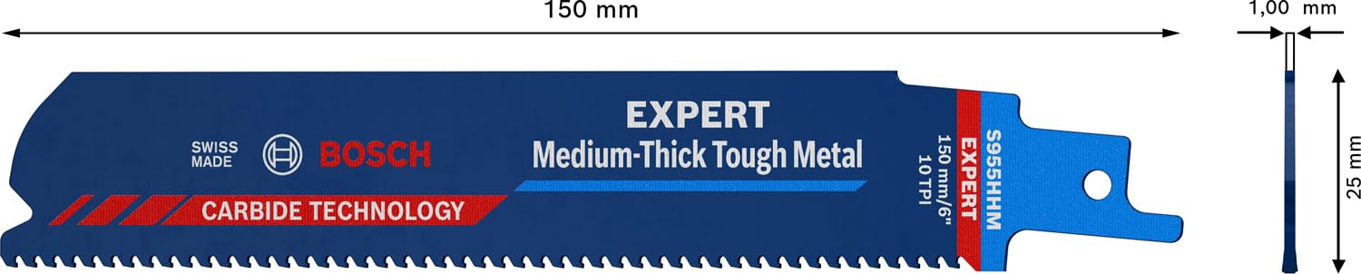 Bosch Professional 1x Expert ‘Medium-Thick Tough Metal’ S 955 HHM Reciprocating Saw Blade (for Tough Steel, Stainless Steel Sheets, Length 150 mm, Accessories Reciprocating Saw)