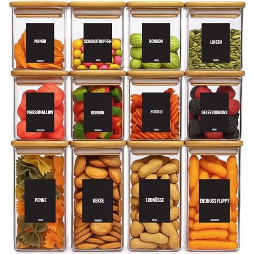 Deco haus® Vorratsgläser mit Deckel eckig 12er Set [+ETIKETTEN] - Vorratsdosen Glas mit Deckel luftdicht - Vorratsglas mit Holzdeckel - Aufbewahrungsgläser - Glasbehälter Vorratsbehälter