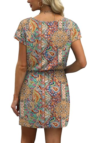 Image of OFEEFAN Summer Dresses for Women 2026 V Neck T Shirt Casual Mini Dresses Tie Waist Sundresses with Pockets