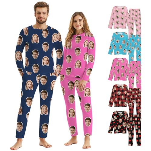 Custom Face Pajamas Set for Women, Personalized Long Sleeve Pajama Pjs with Pet Photo Men Sleepwear Funny Gifts Christmas