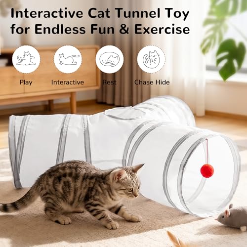 Image of Tempcore Cat Tunnel for Indoor Cats, 3 Way Collapsible Pet Play Tunnel with Teaser Wand, Peek Holes & Hanging Ball, Interactive Tube for Kittens & Rabbits, White & Light Grey