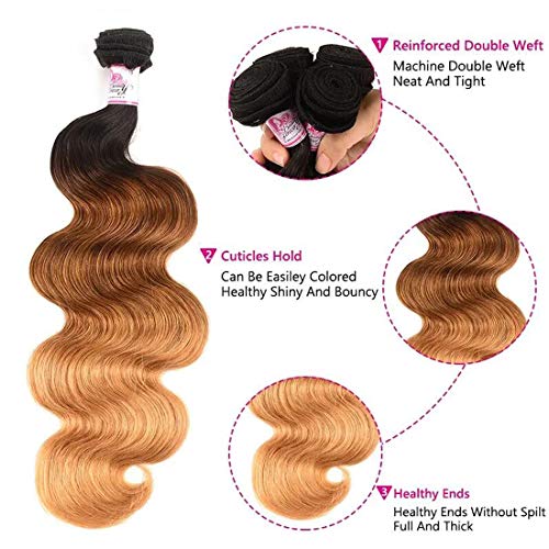 B&F Hair Brazilian Virgin Ombre Hair Body Wave Weft 3 Bundles 100% Unprocessed Virgin Human Hair Extensions (100+/-5g)/pc (18 20 22inch #1b/#4/#27) - Thumbnail 4