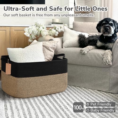 Image of Goodpick 75L Extra Large Woven Blanket Basket, Rectangle, Black & Jute