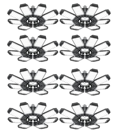 ISKYDRAW LED Garage Lights 8 Pack, 260W 26000LM Bright Shop Light with 8+1 Deformable Panels, 6500K Garage Ceiling Light Screw in E26/E27 Bulb Bay Lighting for Workshop Basement Barn Attic